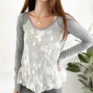 Anthropologie Sheer Lace Woodland Blouse XS Long Sleeve CottageCore Fairy Fall